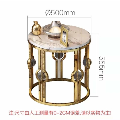 ชุบทองสแตนเลสหินอ่อนโต๊ะข้างแสงหรูหราโลหะคริสตัลบอลรอบมุมTable