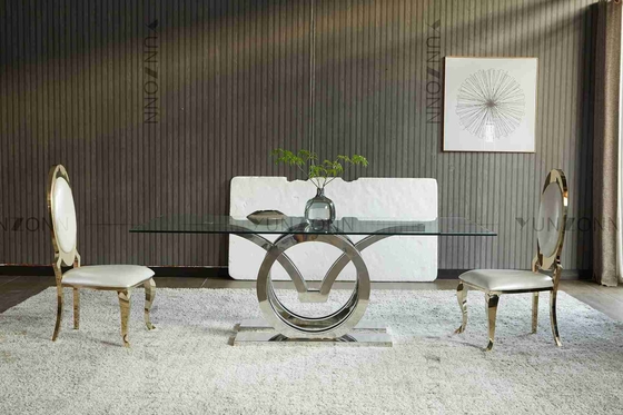 Seagulls Design Luxury Modern ชุดโต๊ะรับประทานอาหารกระจกด้านบน 4 ที่นั่งโครงฐานสแตนเลสสีเงิน