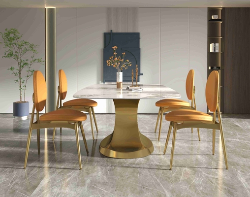 201 Stainless Steel Gold Collection โต๊ะรับประทานอาหารสุดหรู 6 ที่นั่ง ฐานรูปตัวนั่งในห้องนั่งเล่น