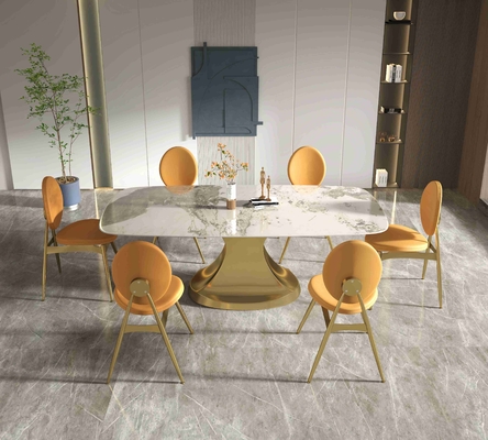 201 Stainless Steel Gold Collection โต๊ะรับประทานอาหารสุดหรู 6 ที่นั่ง ฐานรูปตัวนั่งในห้องนั่งเล่น