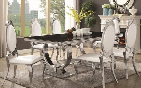สีเงิน 150X90X75 โต๊ะรับประทานอาหารแบบหรูหรา 6 ที่นั่งกระจกนิรภัยด้านบน