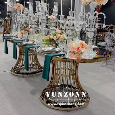 ราคาดี โต๊ะอาหารกระจกสแตนเลสสีทองหรูหราสำหรับงานแต่งงานและโรงแรม เฟอร์นิเจอร์สำหรับงานอีเวนต์สุดหรู ออนไลน์