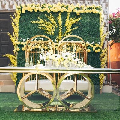 ราคาดี โครงสร้างสไตล์โมเดิร์น สแตนเลส โต๊ะรับประทานอาหารงานแต่งงาน เฟอร์นิเจอร์โรงแรมกลางแจ้งใหม่ พร้อมกระจกและ MDF สําหรับงานเลี้ยงและกิจกรรม ออนไลน์